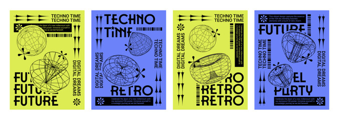Fototapete - Poster design layout in y2k techno style with grid abstract simple elements and text box. Vector set of trendy retro minimal banner template in 2000s aesthetic with wireframe geometric shapes.