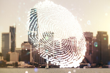 Poster - Abstract virtual fingerprint illustration on San Francisco cityscape background, personal biometric data concept. Multiexposure
