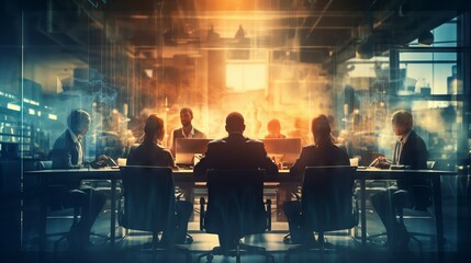 Wall Mural - Business people hold a meeting in the office. Photo with double exposure with lighting effects, silhouettes, copy space. Partnership, business, startup, success of the concept.
