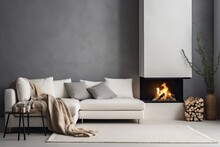 White Corner Sofa Near Fireplace. Scandinavian Home Interior Design Of Modern Living Room