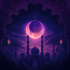  Happy Eid and Ramadan Arabic lantern with burning candle  Ramadan crescent moon, Eid Mubarak Islamic festival concept on a purple background social media banner and Eid Mubarak Post Template, Islam