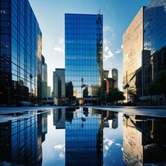 Wall Mural - Reflecting skyscrapers, business office buildings against a blue sky background. Big city, business, architecture and building concepts.