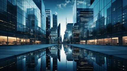 Sticker - Reflecting skyscrapers, business office buildings against a blue sky background. Big city, business, architecture and building concepts.