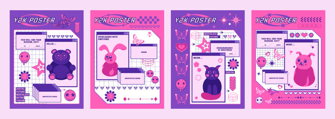 Poster - Purple and pink y2k retro style poster design template with old computer dialogue windows and simple animal pictures. Vintage retrofuturistic banner layout with 2000s aesthetic web interface elements.