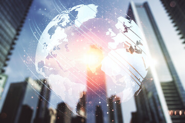 Poster - Abstract creative world map interface on office buildings background, international trading concept. Multiexposure