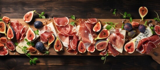 Sticker - Prosciutto and cheese appetizers with figs on a wooden board, top view.