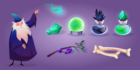 Wall Mural - Old wizard and set of magic assets isolated on background. Vector cartoon illustration of magician character with long beard, wand in hand, gemstone, crystal ball, elixir bottle, olive branch, bones