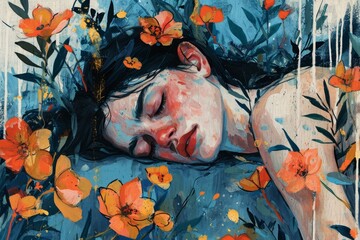 Wall Mural - A painting of a woman sleeping in a bed of flowers in an illustration painting.