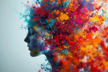 Wall Mural - A woman with colorful paint on her face, with her face submerged in colorful oils, in a portrait made out of paint.