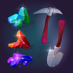 Wall Mural - Diamonds and gemstones mine game icons. Cartoon vector set of gui asset of precious stone miner - pile of red, green and purple shiny gem crystals, shovel and pickaxe with wooden handle for extraction