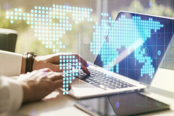 Poster - Multi exposure of abstract creative digital world map and hands typing on computer keyboard on background, tourism and traveling concept