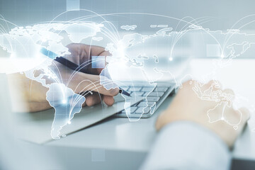 Poster - Abstract graphic digital world map with connections and hand writing in diary on background with laptop, globalization concept. Multiexposure
