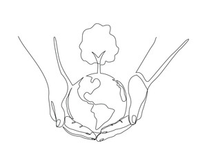 Wall Mural - Continuous single line sketch drawing of palm hand holding earth globe and plant tree save world environment. One line art of protect nature ecology earth care world day vector illustration 