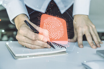 Aufkleber - Double exposure of abstract creative fingerprint hologram with hand writing in notebook on background with laptop, research and development concept