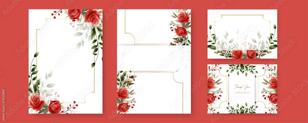 Red rose vector wedding invitation card set template with flowers and ...