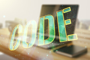Aufkleber - Creative Code word hologram and modern desktop with laptop on background, artificial intelligence and neural networks concept. Multiexposure