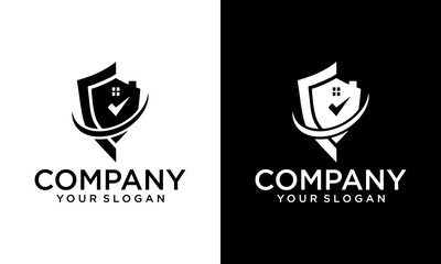 Aufkleber - Creative Home Protect logo design template. Vector shield and house logo. Graphic home security icon.  building shield symbol. Security sign badge isolated on white and black background.