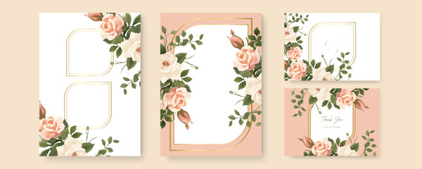 Fototapete - Pink and white rose and poppy wedding invitation card template with flower and floral watercolor texture vector. Gradient golden luxury boho watercolor wedding floral invitation template