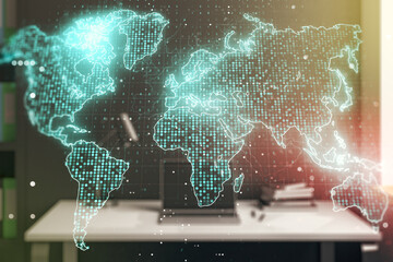 Poster - Multi exposure of abstract graphic world map and modern desk with computer on background, connection and communication concept