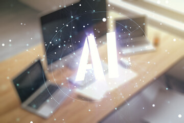 Poster - Creative artificial Intelligence symbol concept and modern desktop with computer on background. Multiexposure
