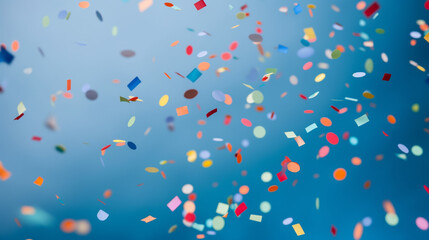 Wall Mural - Colorful confetti flying in the air against a blue background, Generative AI