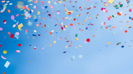 Wall Mural - Colorful confetti flying in the air against a blue background, Generative AI