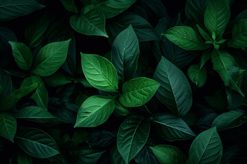 Wall Mural - Close-up of green leaves on a dark background, Generative AI