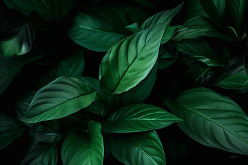 Wall Mural - Close-up of green leaves on a dark background, Generative AI