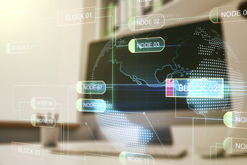 Aufkleber - Abstract creative coding concept with world map and modern desktop with computer on background. Multiexposure