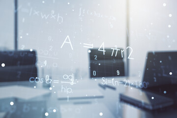 Poster - Creative scientific formula concept and modern desktop with computer on background. Multiexposure