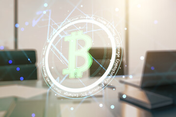 Poster - Creative Bitcoin concept and modern desktop with computer on background. Multiexposure