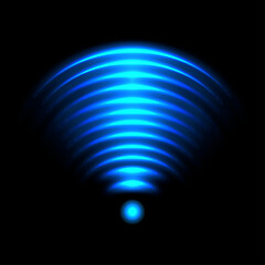 Poster - W-Fi connection light effect, blue glowing signal sensor waves internet wireless communication. Futuristic wireless technology digital radar or sonar with glowing light effect. Vector