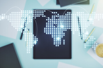 Poster - Abstract creative world map with connections and modern digital tablet on background, top view, international trading concept. Multiexposure