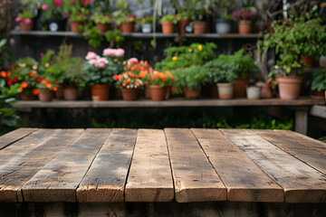 Wall Mural - Empty Wooden Tabletop with Blurry Plant House Background