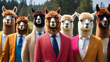 Funny Alpaca Team Group Dressed In Colorful Suits