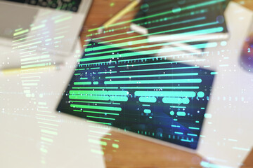 Poster - Multi exposure of abstract creative digital world map and modern digital tablet on background, top view, tourism and traveling concept