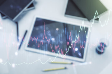 Poster - Multi exposure of abstract financial diagram and modern digital tablet on background, banking and accounting concept