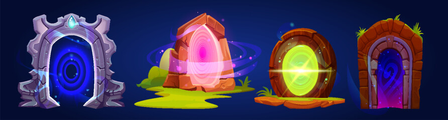 Wall Mural - set of magic game portals isolated on background. vector cartoon illustration of iron, wooden, stone
