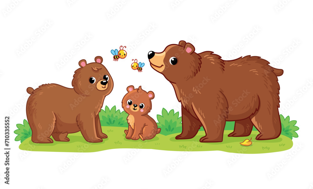 Cute family of bears stands in a green meadow on a white background ...