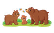 Cute family of bears stands in a green meadow on a white background. Vector illustration with cute forest animals. The bear cub with its Mom and Dad.