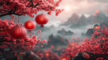 Several Lanterns Hanging From A Cherry Blossom Tree With Red Flowers. Background Image For Chinese New Year Celebrations.
