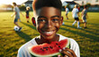 African American boy eating watermelon and playing soccer, boys need to eat healthy food and play sports outside that can contribute to good health.