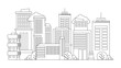 Black and white city building line art vector icon design illustration template background City landscape line urban skyline with cloud, building, cityscape hand sketch, flat houses