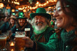 St. Patrick's Day Cheer: A man in a festive green hat toasts with friends in a lively pub, celebrating with laughter and good spirits