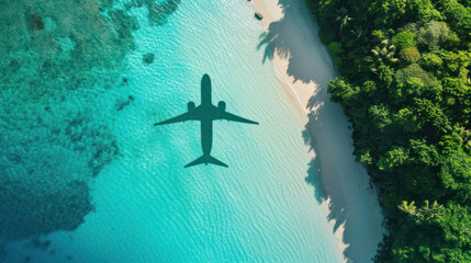 Wall Mural - Tropical Escape: An airplane's shadow crosses over the serene blue waters and sandy shores next to a lush forest