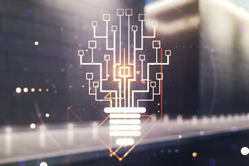 Poster - Virtual creative light bulb with chip hologram on contemporary business center exterior background, artificial Intelligence and neural networks concept. Multiexposure