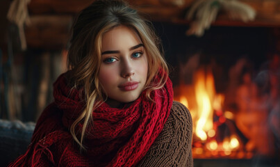 Wall Mural - woman in red blanket smiling in front of the fireplace, relaxing and enjoying her holiday