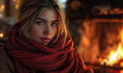 Wall Mural - woman in red blanket smiling in front of the fireplace, relaxing and enjoying her holiday