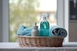 Backet detergent cleaning. Homemade and filled hamper with cleaning supplies. Generate AI