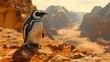 AI generated illustration of a penguin in a desert, global warming concept